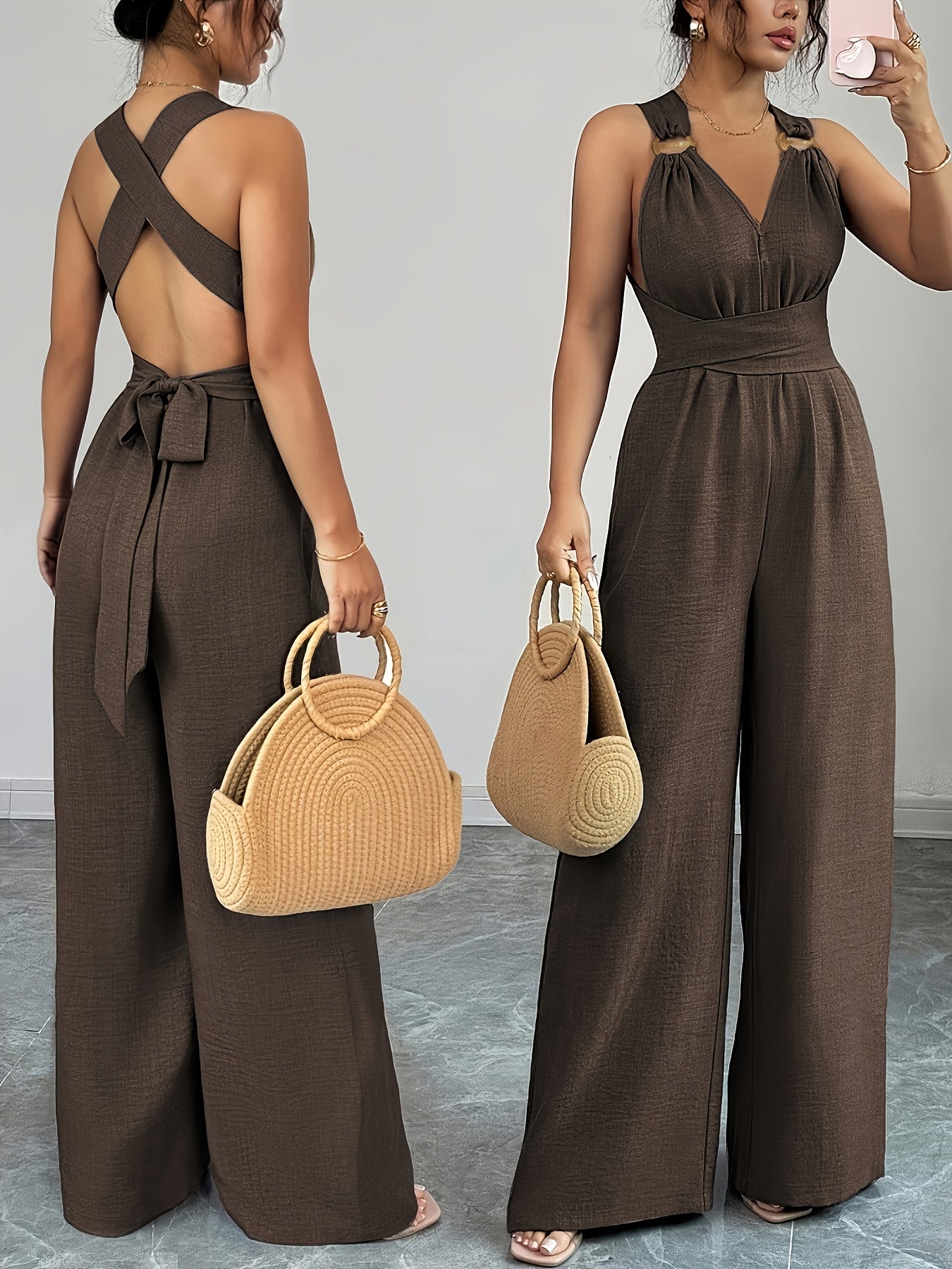 Elegant Women’s V-Neck Polyester Jumpsuit with Belt and Wide Legs