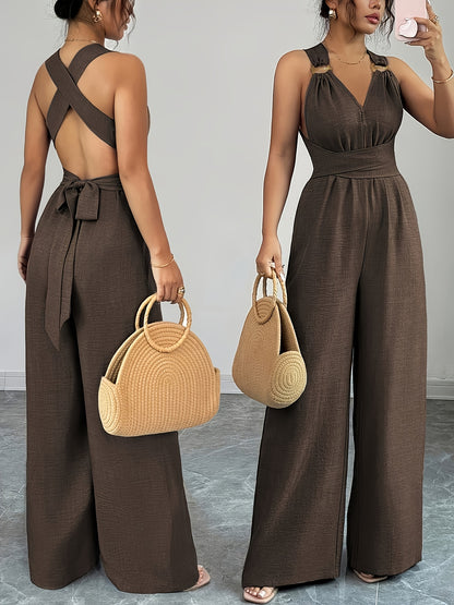 Elegant Women’s V-Neck Polyester Jumpsuit with Belt and Wide Legs