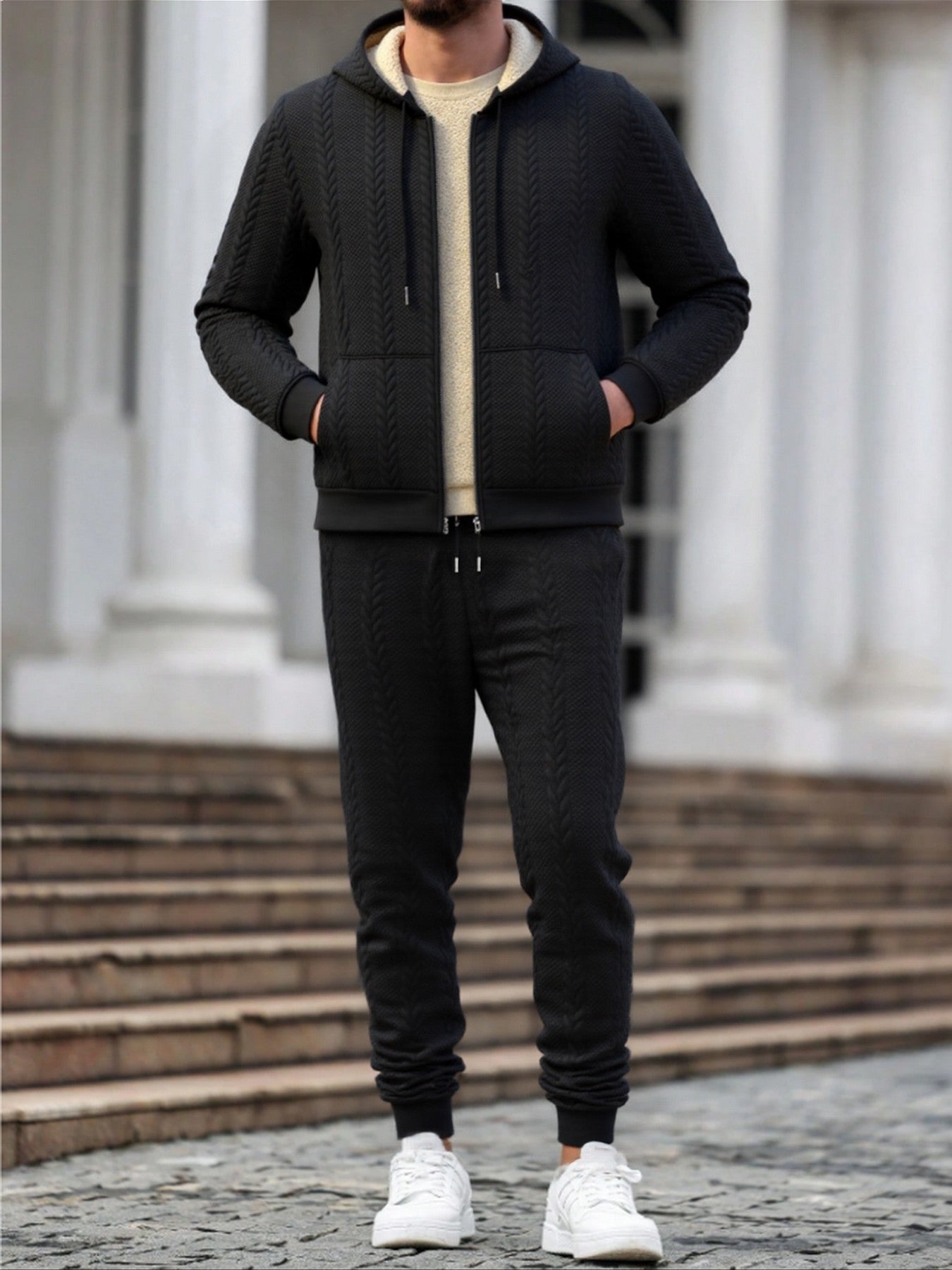 Men's Winter Fashion Two-Piece Set: Jacquard Hooded Cardigan with Lining & Long Pants – Ideal for Autumn and Winter, Winter Clothes For Men