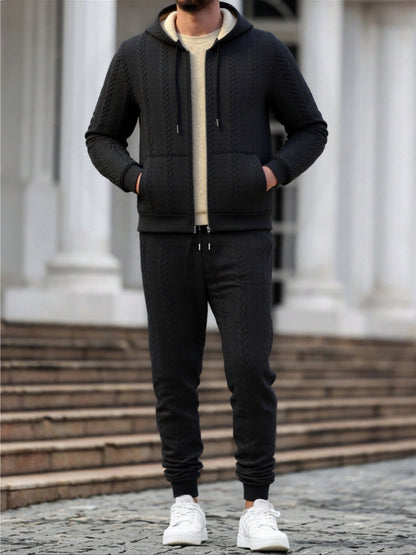 Men's Winter Fashion Two-Piece Set: Jacquard Hooded Cardigan with Lining & Long Pants – Ideal for Autumn and Winter, Winter Clothes For Men