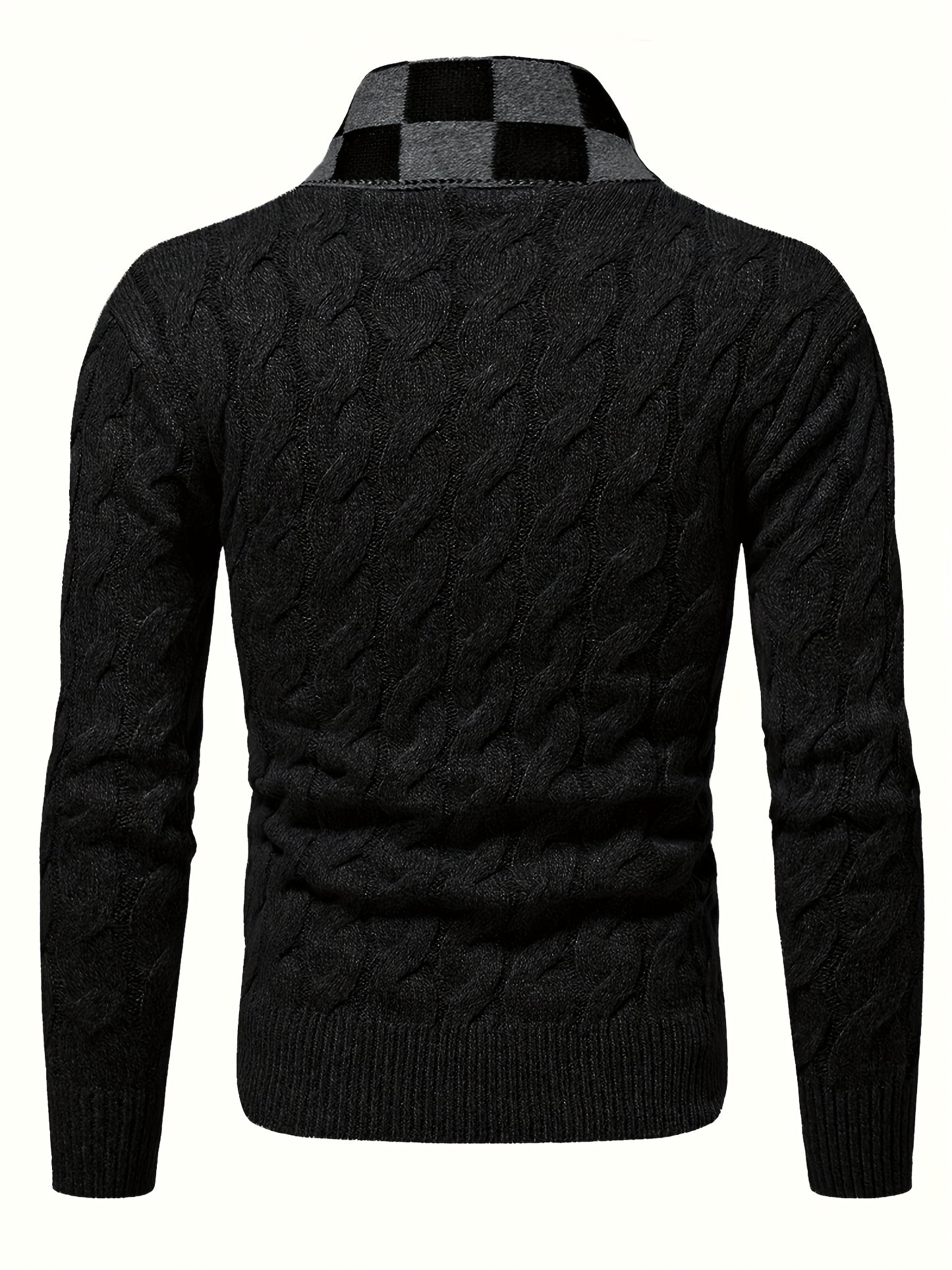 Maqiqiobm Slim Fit Men's Pullover Sweater - 1pc Autumn/Winter Thickened New Style, Comfortable Warm Solid Color Twist Knit Long Sleeve, Checkerboard Collar Design, Business Casual Daily Layering Knit Top, Suitable for Autumn