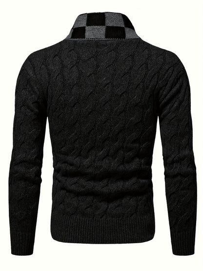 Maqiqiobm Slim Fit Men's Pullover Sweater - 1pc Autumn/Winter Thickened New Style, Comfortable Warm Solid Color Twist Knit Long Sleeve, Checkerboard Collar Design, Business Casual Daily Layering Knit Top, Suitable for Autumn