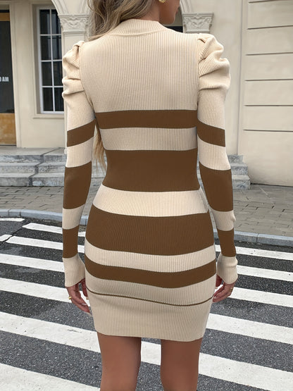 Elegant Winter Short Smock Dress with Poinçon d'Asymétrie Asymmetric Striped Sleeves - High Neck H-Line Figure-Hugging Dress, Knee-Length Short for Fall/Winter Parties, Weddings & Special Occasions (Non-)