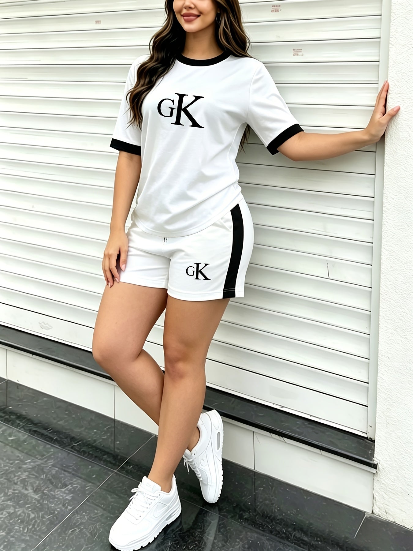 Casual Summer Two-Piece Set with Logo Print, Breathable Polyester