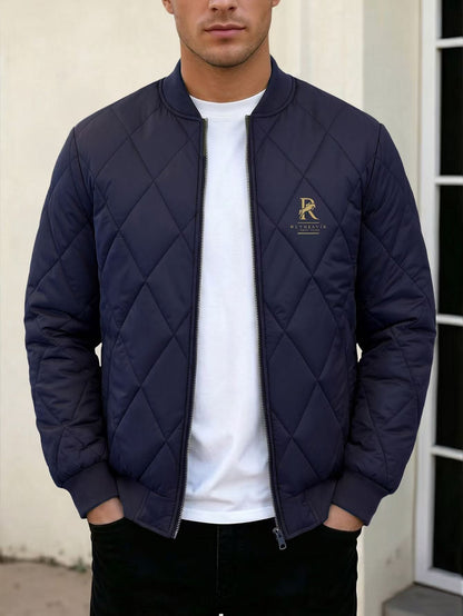 Men's Black Quilted Casual Jacket with Stylish Letter Print