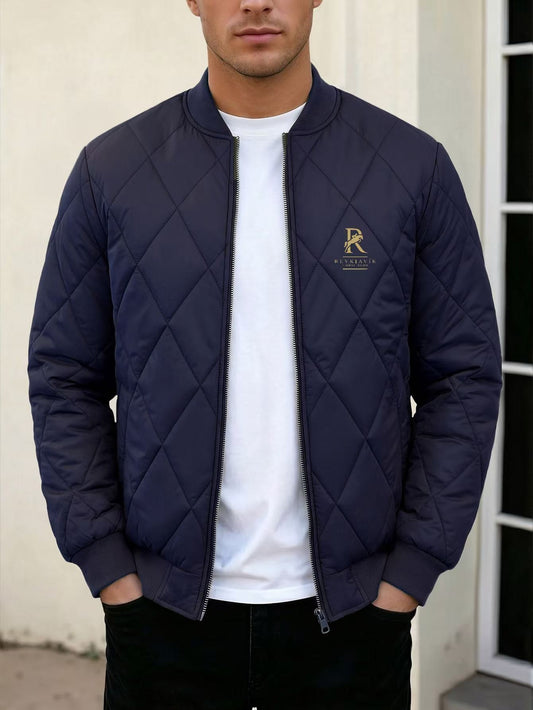 Men's Black Quilted Casual Jacket with Stylish Letter Print