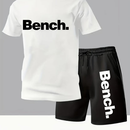 Summer Men'S Casual Sports Short Sleeve T-Shirt and Shorts Set, Comfortable Breathable, Suitable for Outdoor Jogging Running Fitness, Bench. Letter Print Design - 2pcs