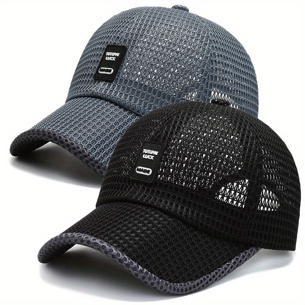 2pcs Unisex Quick-Dry Mesh Baseball Caps - Breathable, Adjustable Summer Sun Hats with Large Brims for Outdoor Activities, Black & Gray Textured Design