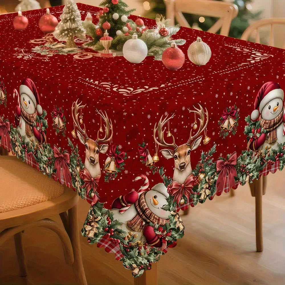 1pc Vintage Burgundy & Golden Red White Green Winter Tablecloth with Golden Bow Accent - Heavy-Duty Rectangular or Round Table Setting for Christmas, New Year's, Family Gatherings - Easy-Clean Fabric, Machine-Made with Deer &