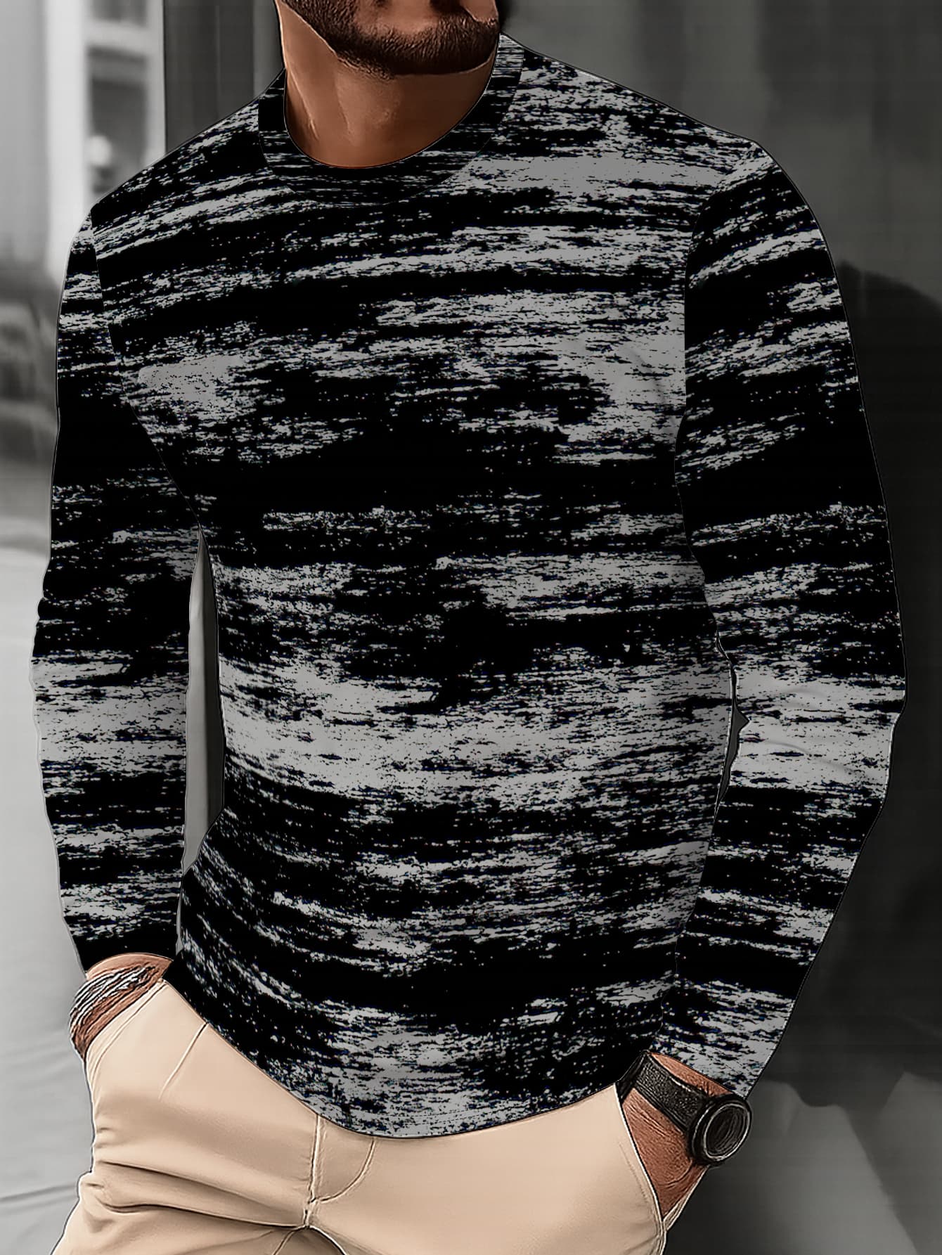 Men's Fashion Crew Neck Long Sleeve Top Personality Abstract Texture Print Casual Versatile Pullover Trendy Street Style Youth Base Layer Shirt