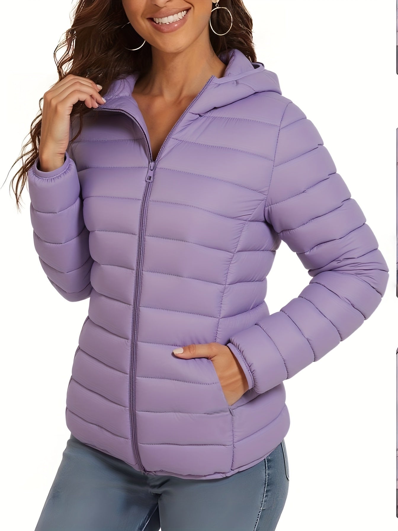 Lightweight Women's Hooded Zipper Padded Coat with Retractable Cuffs
