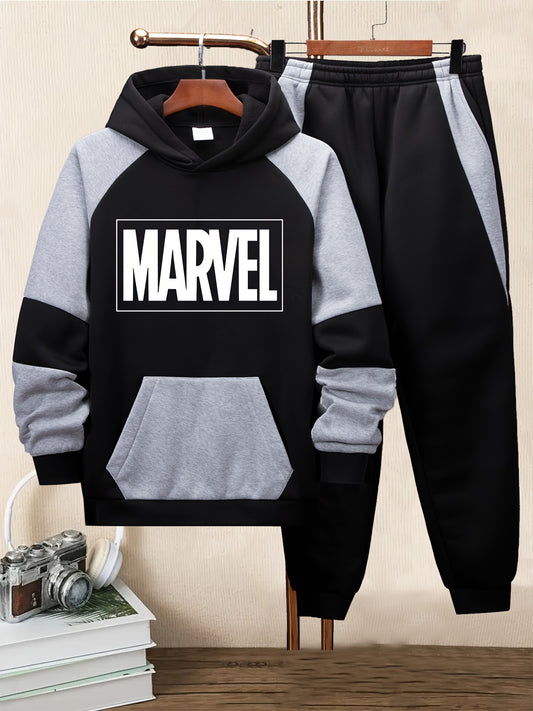 Children's Set of 2 Contrast Color Spliced Hoodie + Trousers, Letter Print Autumn and Winter Velvet Comfortable Suit, Fashionable Boys' Daily Casual Sports Suit, Perfect for Outdoor