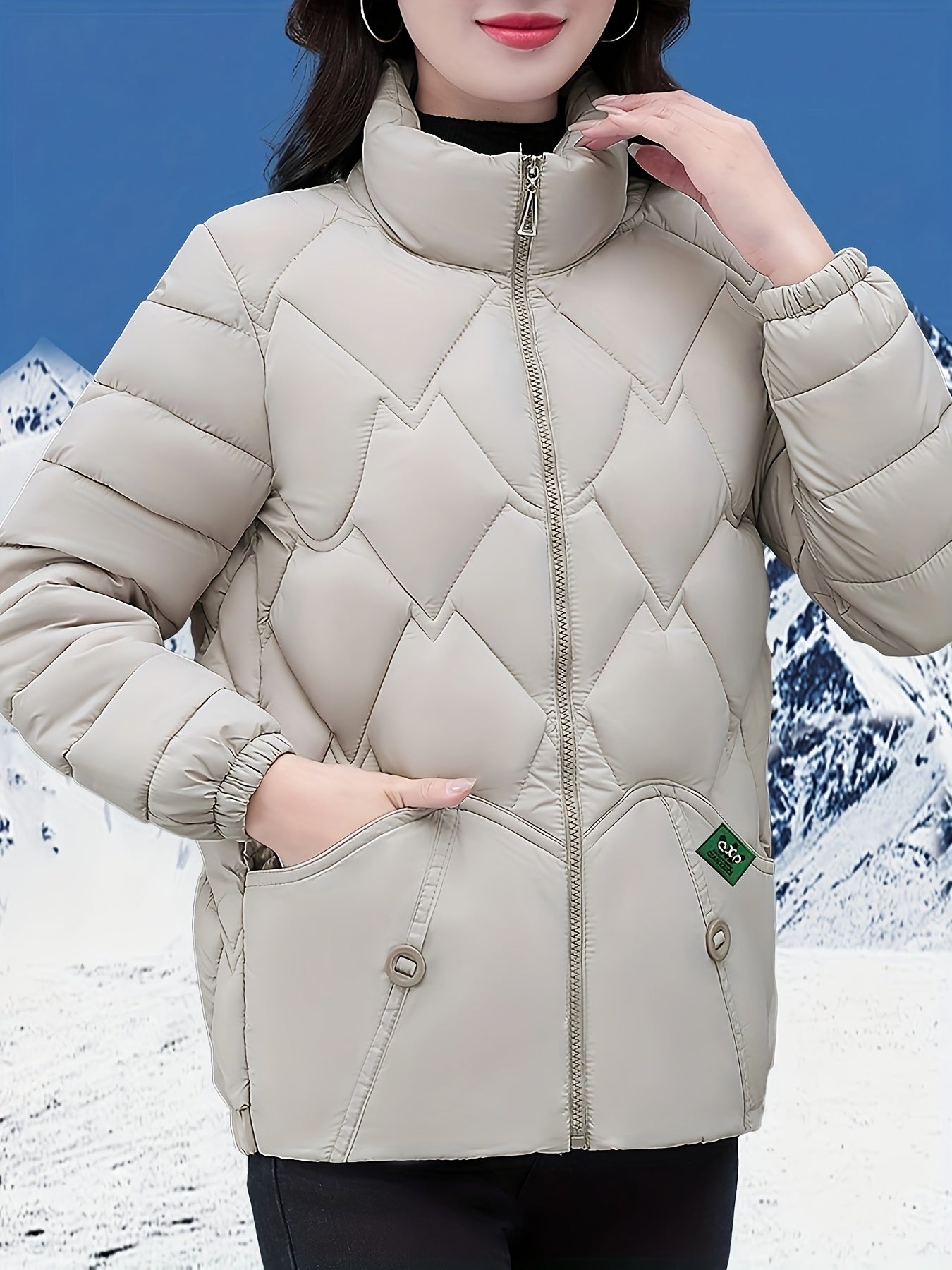 Plus Size - Women'S Stylish Red Quilted Jacket - Long Sleeve, Zip-Up Winter Coat with Pockets, Casual Polyester Outerwear for Cold Weather, Winter Jacket