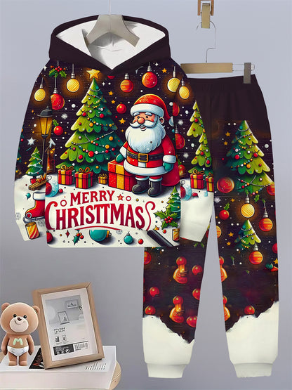 2pcs Boys' Christmas & New Year 2-in-1 Hoodie Set with Santa & Reindeer 3D Print - Warm Winter Outfit, Matching Sweater & Pants for Kids, Holiday Party (Hand Washable) - Festive Boys Clothing, Perfect for Outdoor