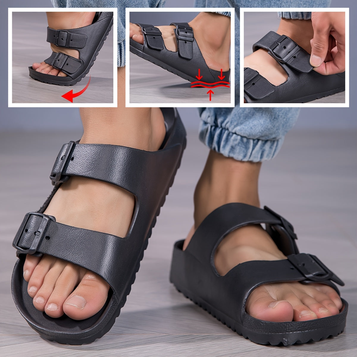 Men's Casual Slide Sandals with Dual Adjustable Buckles