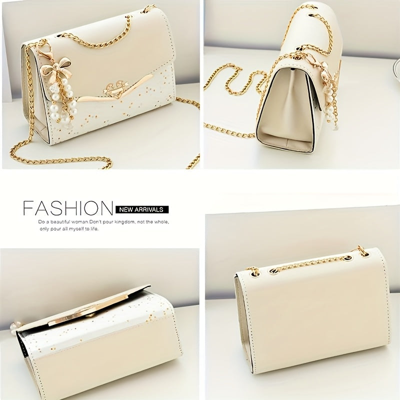 Elegant Bohemian Beige Crossbody Bag with Tassel Charm - Chic Urban Flap Shoulder Bag with Golden Chain Strap, Lightweight & Portable for Shopping, Office, College, Travel - Perfect Gift for Women, Occasion Theme, Valentine'S