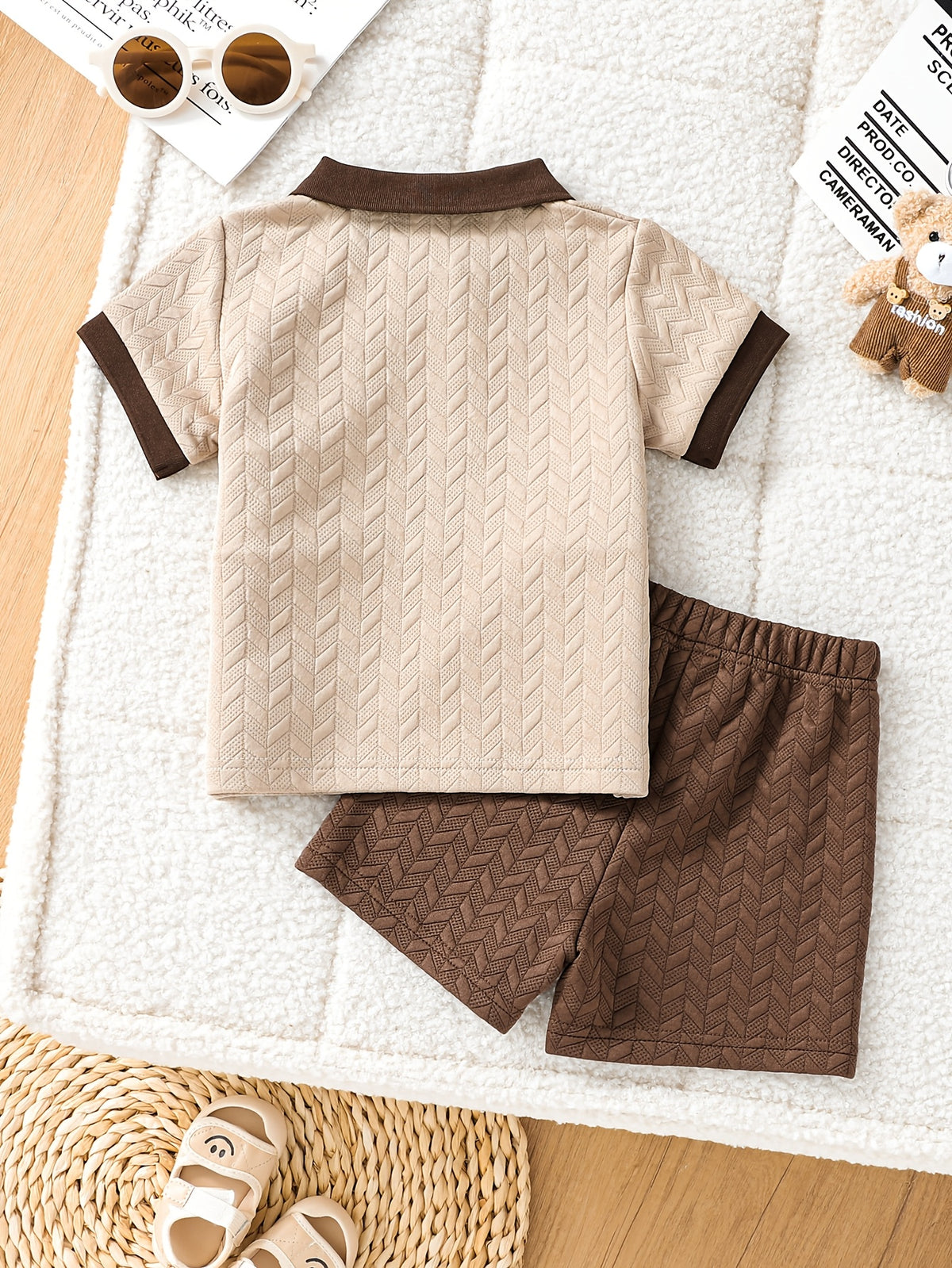Boys' Summer Casual Polo Shirt and Shorts Set, Striped Knit Fabric - ayq