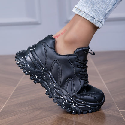 Women's Black Chunky Sneakers - Anti-Slip, Durable Casual Dad Shoes with Glossy Finish  Star Pattern, Lace-Up Low Tops for All Seasons, Allseason Sneakers   Chunky Sole Sneakers   Comfortable Fabric Lining
