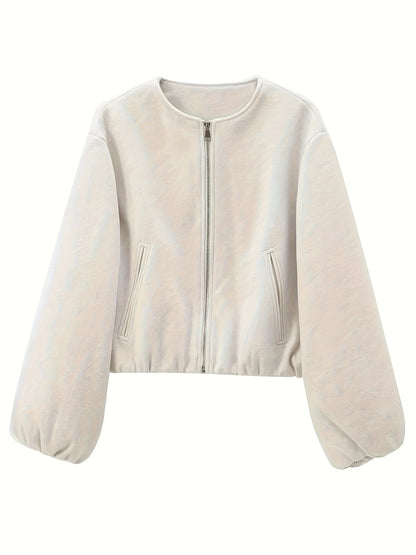 Women'S Elegant Pilot Jacket - Beige Bomber Style Short Coat with Pockets, Zip-Up, Long Sleeves, Loose Fit for Casual & Weekend Wear, Casual Wear Jacket | Bomber Jacket | Polyester Fabric