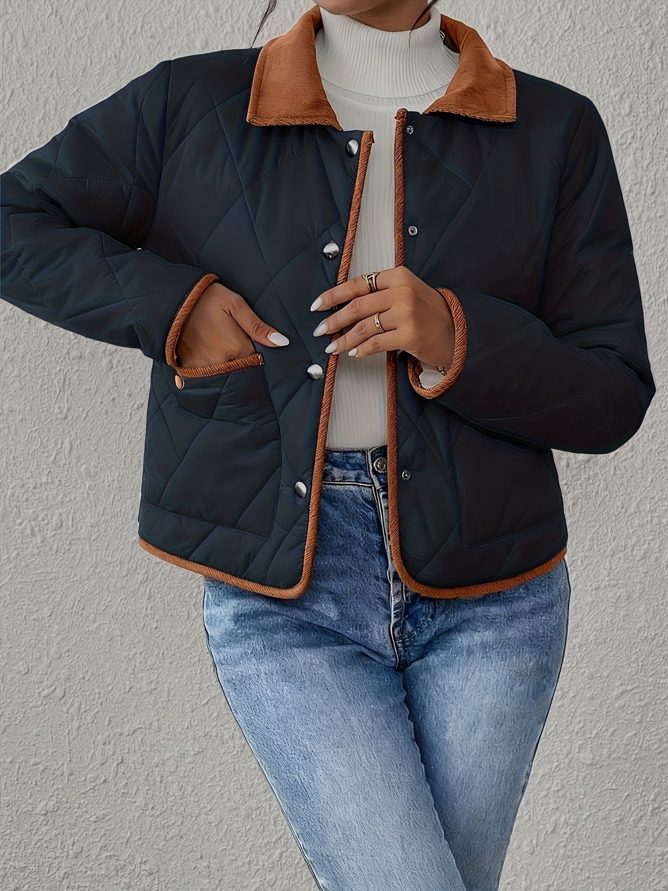 Women's Fashion Elegant Two-Tone Fabric Short Jacket, Color-Block Lapel Collar, Long Sleeve, Suitable for All Occasions, Autumn and Winter