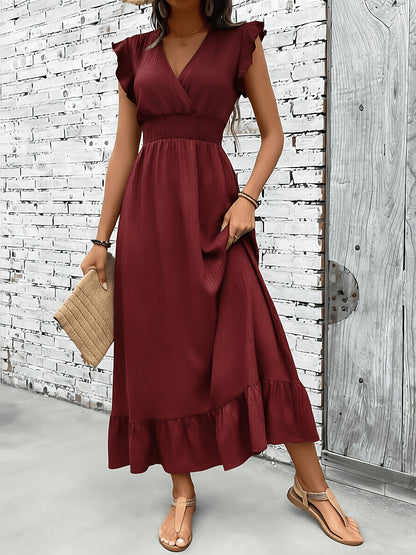 Women's Casual Waist-Cinching Maxi Dress with V-Neck