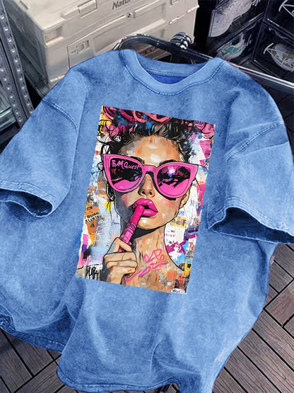 Women's Vintage Washed Cotton Blend T-Shirt with Bold Pop Art