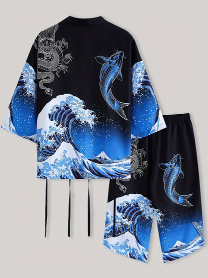 Men's Kimono Set with Carp Leaping Over the Dragon Gate Pattern