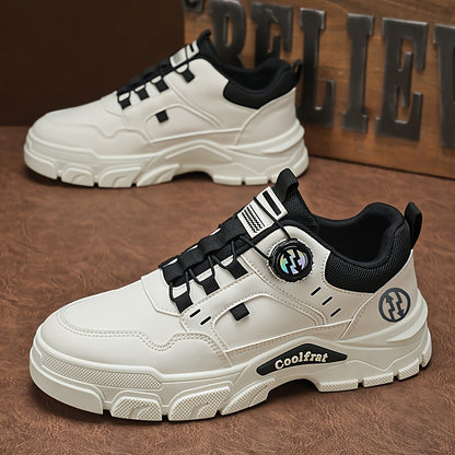 Men's Solid Color Skate Sneakers - Adjustable Rotating Buckle Straps, Slip-Resistant PVC Sole  Durable PU Upper, Low-Top Lace-Up Design for Hiking, Walking, Daily Wear - All-Season Casual Streetwear Shoes, Skate Shoes