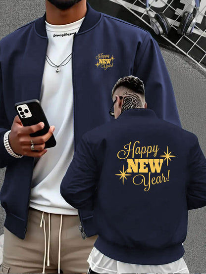 Men's Navy Blue Full-Zip Casual Jacket with Golden Happy New Year Print & Golden Glitter Lettering - Full-Zip Closure, Machine Washable, Regular Fit Winter Coat for Parties, Casual Attire & New Year's Eve Outfits - Stylish Ou