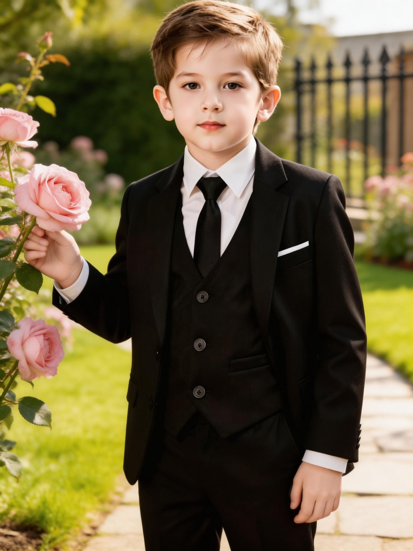 Boys' Korean Style 4-Piece Suit Set with Jacket, Vest, Pants, Tie