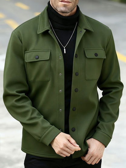 Men's Solid Color Lined Workwear Shirt Jacket with Snap Buttons