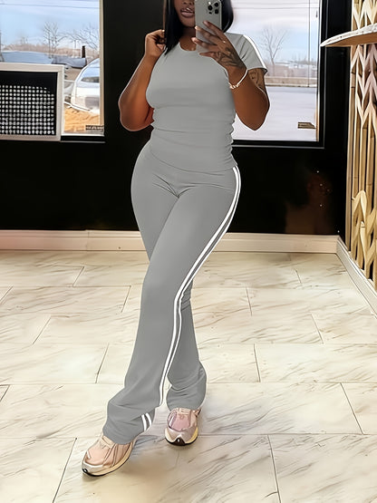 Sla Yue Lingshan Spring/Summer Solid Color Striped 2pcs Set, Women's Short Sleeve Flared Pants Suit, Slim Fit Swear, Casual Loungewear, High-Waist Slightly Flared Long Pants