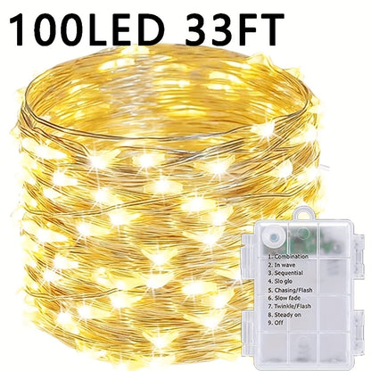 50/100 LED Christmas Fairy Lights Battery Operated 8 Modes String Lights Outdoor IPX6 Waterproof 4.88meter/10.06meter Silvery Battery Copper Wire Lights Camping lights Outdoor for Garden Patio Fence Party Decorations, Warm Wh