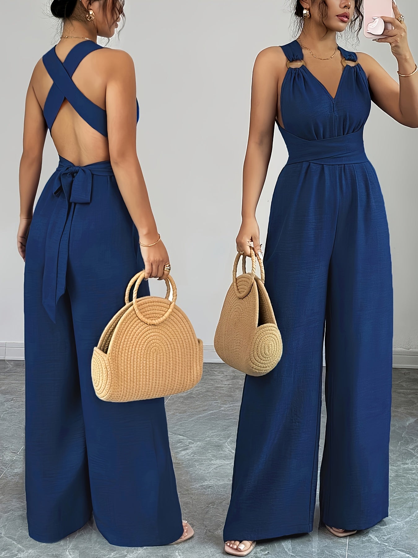 Elegant Women’s V-Neck Polyester Jumpsuit with Belt and Wide Legs