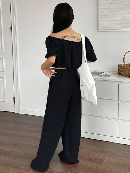 Women's Summer Solid Color Off-Shoulder Puff Sleeve Crop Top and Loose Wide-Leg Pants Two-Piece Set