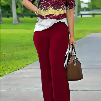 Xi Jun Bamboo Premium Casual Elegant V-Neck Printed Short Sleeve T-Shirt and Pants Two-Piece Set