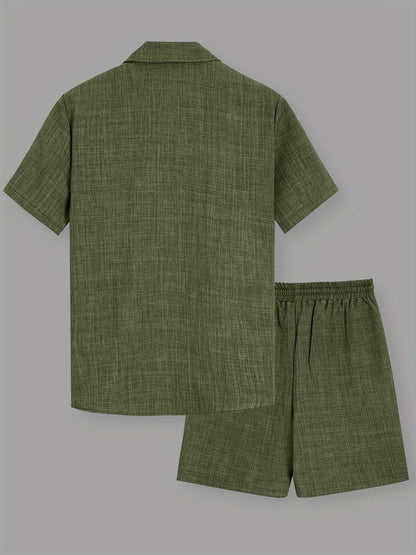 Men's Casual Solid Color Short Sleeve Shirt & Drawstring Shorts Set