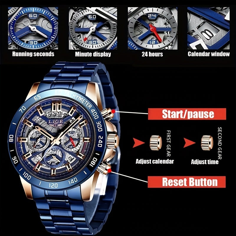 LIGE Watch, Fashion Teen Men's Watches, Multifunctional Stainless Steel Quartz Watches, Waterproof Watches, for Sports, College Various Scenes, Holiday Gifts, Party Gifts, Birthday Gifts, Black Blue Watches