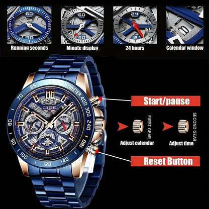 LIGE Watch, Fashion Teen Men's Watches, Multifunctional Stainless Steel Quartz Watches, Waterproof Watches, for Sports, College Various Scenes, Holiday Gifts, Party Gifts, Birthday Gifts, Black Blue Watches