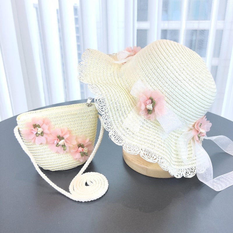 Girls 2pcs Straw Sun Hats Lightweight Floral Fisherman Style
