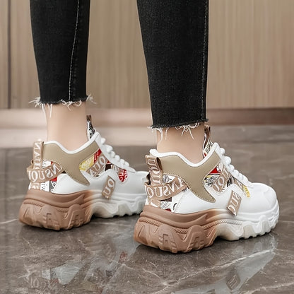 Women's Chunky Platform Sneakers - High-Top Lace-Up Shoes with Cushioned PVC Sole, Beige/White/, Synthetic Cover Upper - All-Season Outdoor, Casual, Office Shoes for Everyday  Formal Outfits - Lightweight Thick Platform Foot