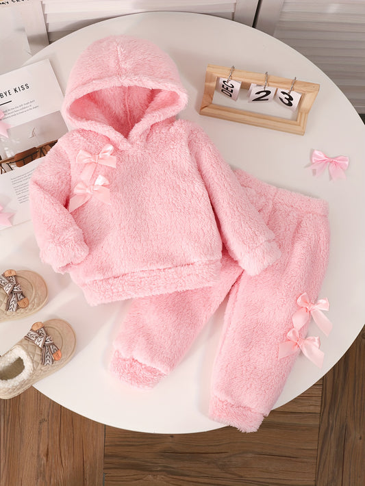 Two-Piece Cute Girls' Autumn/Winter Set: Long Sleeve Hooded Plush Butterfly Top with Pants, Perfect for Daily Outdoor Wear. Cozy Faux Fur Fabric - Essential Indoor & Winter Accessory and Holiday Gift Idea, Perfect for Outdoor