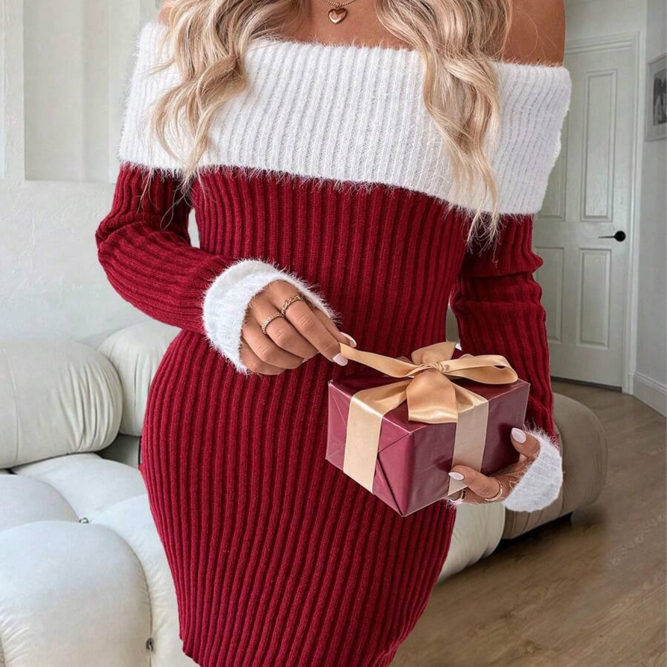 Women's Elegant Off-Shoulder/Boat Neck Dress with Color-Block Bodice & Solid - Winter Wedding Guest Gown, Christmas Party Dress, Hand Washable Fall/Winter Formal Attire (Non-)