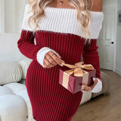 Women's Elegant Off-Shoulder/Boat Neck Dress with Color-Block Bodice & Solid - Winter Wedding Guest Gown, Christmas Party Dress, Hand Washable Fall/Winter Formal Attire (Non-)