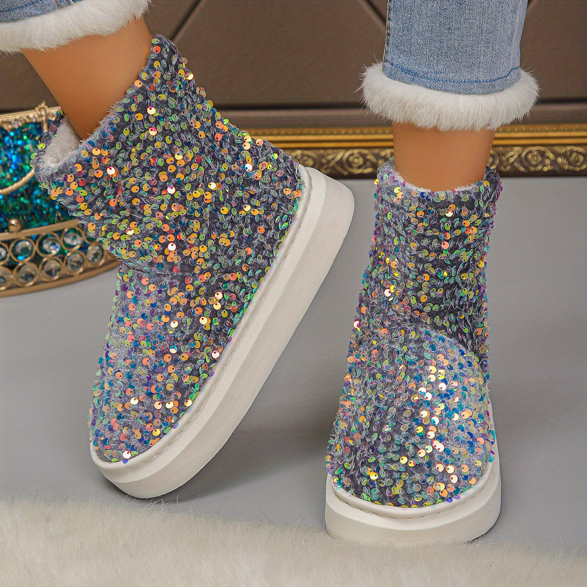 Women'S Sparkling Sequin Snow Boots - Cozy Fleece-Lined Slip-On Ankle Boots with Thick Rubber Sole, Lightweight & Warm for Winter, Blue & White Glittery Design, Perfect for Casual or Festive Outfits, Winter Boots