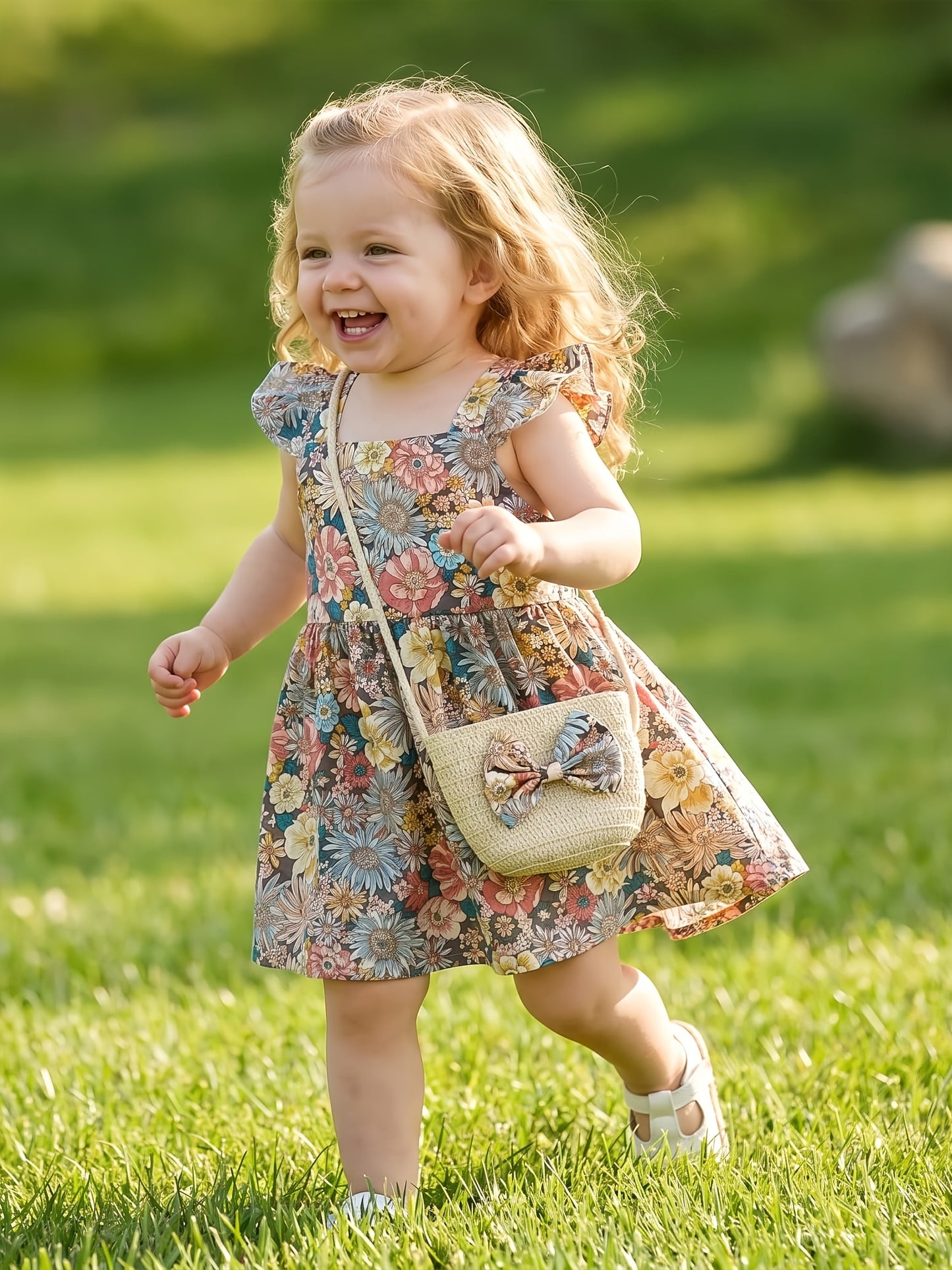 Vintage Floral Sleeveless Baby Girl Dress and Bag Set 0-3 Years