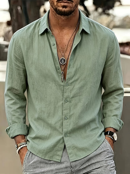 Men's Linen Blend Long Sleeve Casual Shirt for Spring Summer