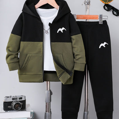 2pcs Boys' Autumn/Winter Fleece-Lined Hooded Zip-Up Jacket and Pants Set with Bird Print, Simple Color Block Design with Pockets, Fashionable Sporty Outfit for Outdoor Activities and Daily Wear, 100% Polyester Knit Stretch Fa