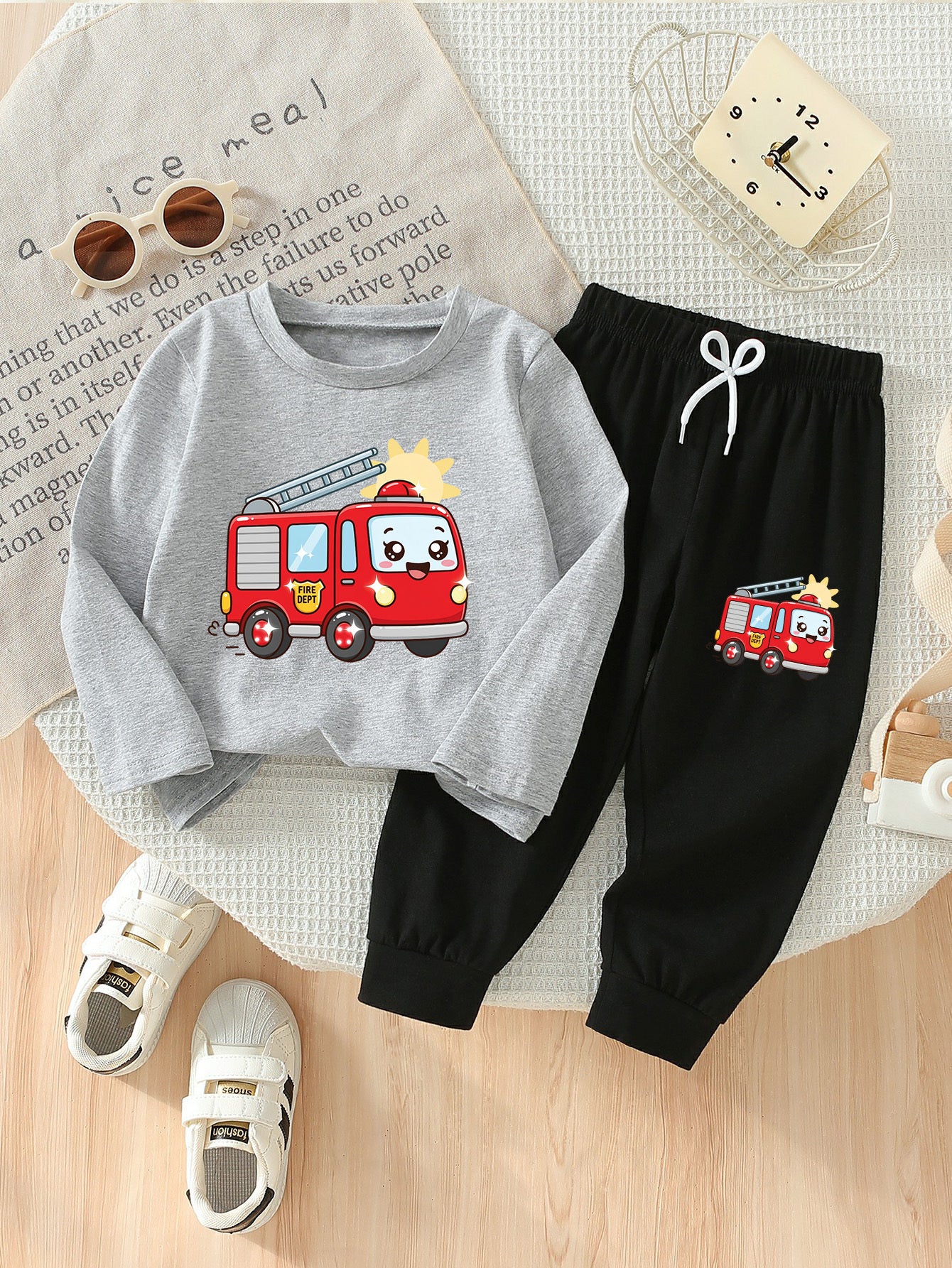 Boys' Fire Truck Print Cotton Casual Pants & Tee Set for Spring/Fall