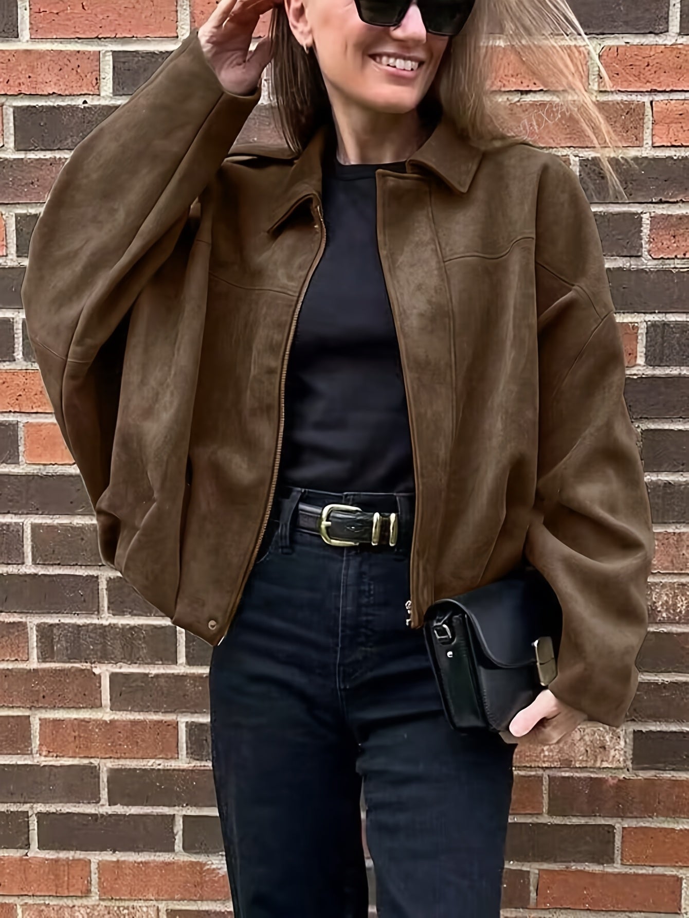 Women'S Vintage Bomber Jacket - Loose Fit Long Sleeve Zip-Up with Drop Shoulder Design, Brown Casual Outerwear for Fall/Winter, Non-Stretch Fabric, Perfect for Casual Attire, Autumn Winter Jacket | Vintage Bomber Style | Zipp